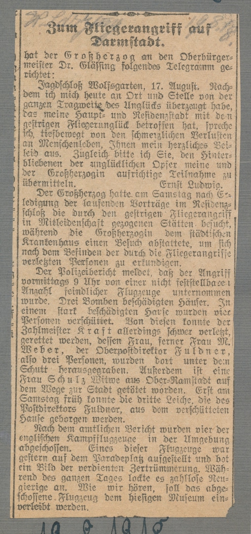 Bericht über den Fliegeranriff auf Darmstadt am 16. August 1918 in der Hessischen Landeszeitung