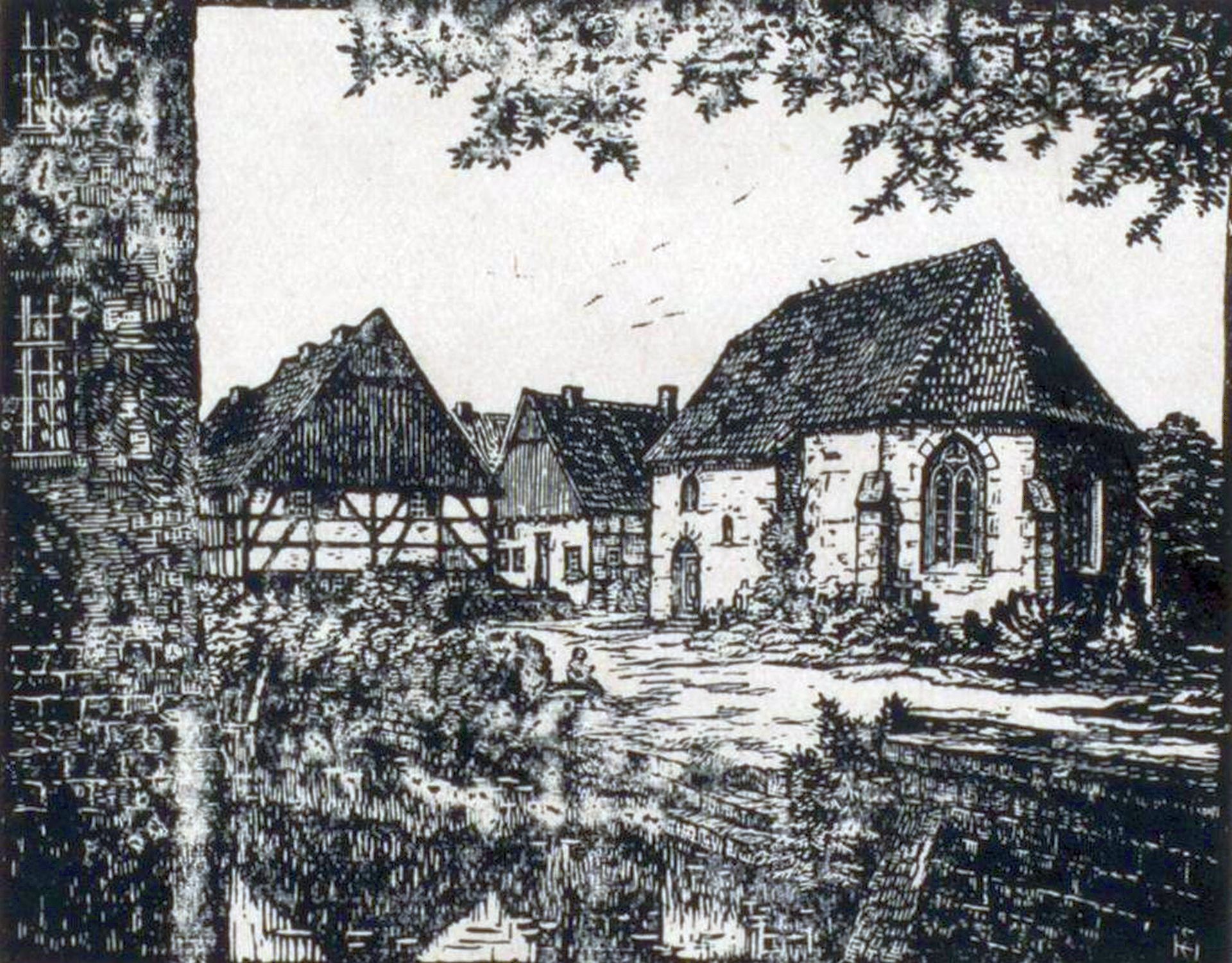 Alt-Crange mit Dorfkirche im Vordergrund. Nach einem Holzschnitt von Heinrich Evers..jpg