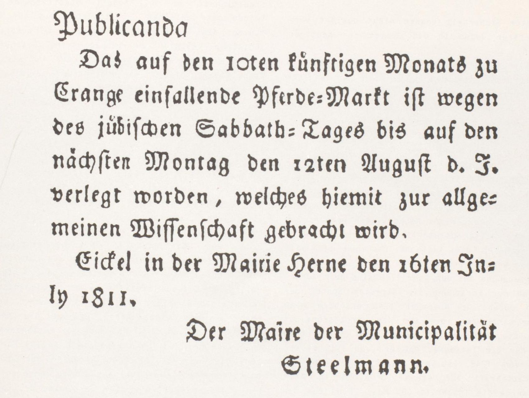 Bekanntmachung von Maire(Bürgermeister) Steelmann der Mairie(Bürgermeisteri) Herne betreffs Verlegung des Pferdemarktes in Crange, 1811.jpg