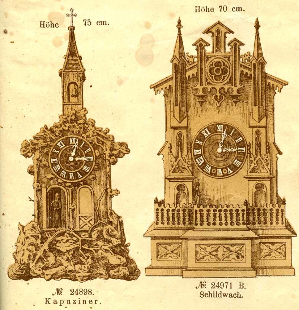 Figuren-Uhren im Katalog der Firma Philipp Haas &amp; Söhne