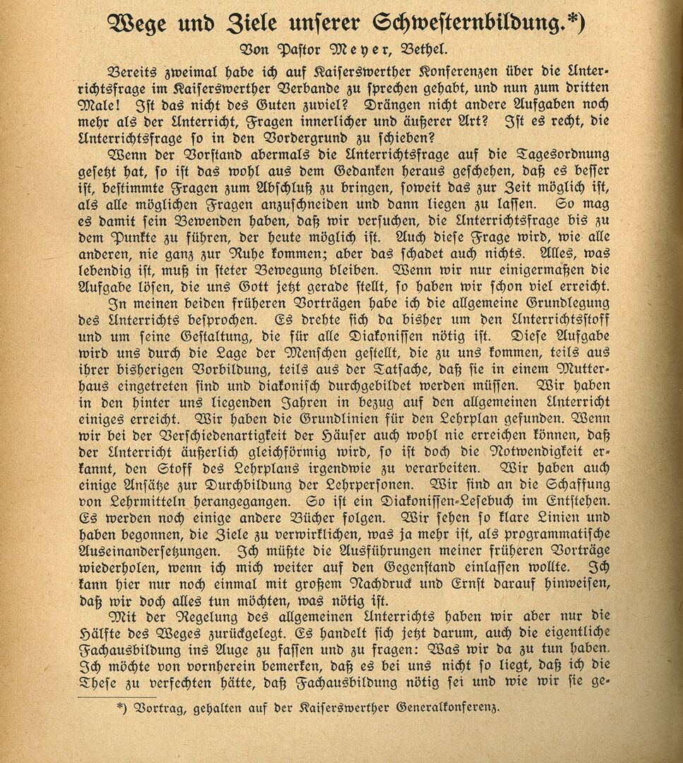 Ausbildung 3_Die Diakonisse 1927_Vortrag_Wege und Ziele unserer Schwesternbildung_Pastor Meyer, Seite 1.jpg