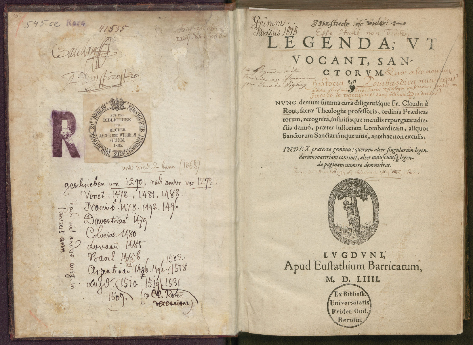 Legenda Titelblatt, Exlibris und handschriftliche Notizen der Brüder Grimm