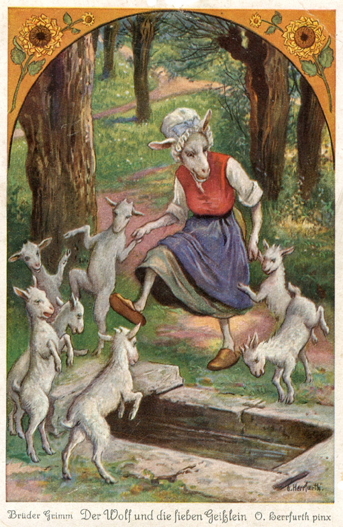 Der Wolf und die sieben Geißlein, Teil einer Postkartenserie von Oskar Herrfurth 