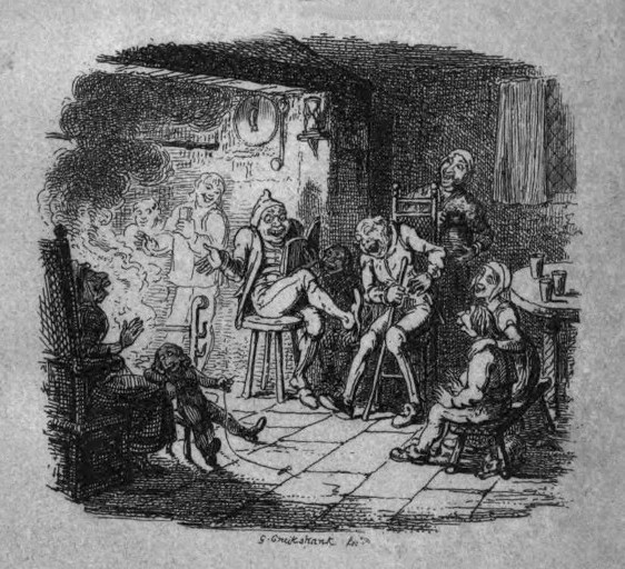 Illustrationen von George Cruikshank für die &quot;German popular stories, translated from the Kinder und Haus-Märchen&quot;, Bd. 1, London 1823. Titelblatt (Ausschnitt)