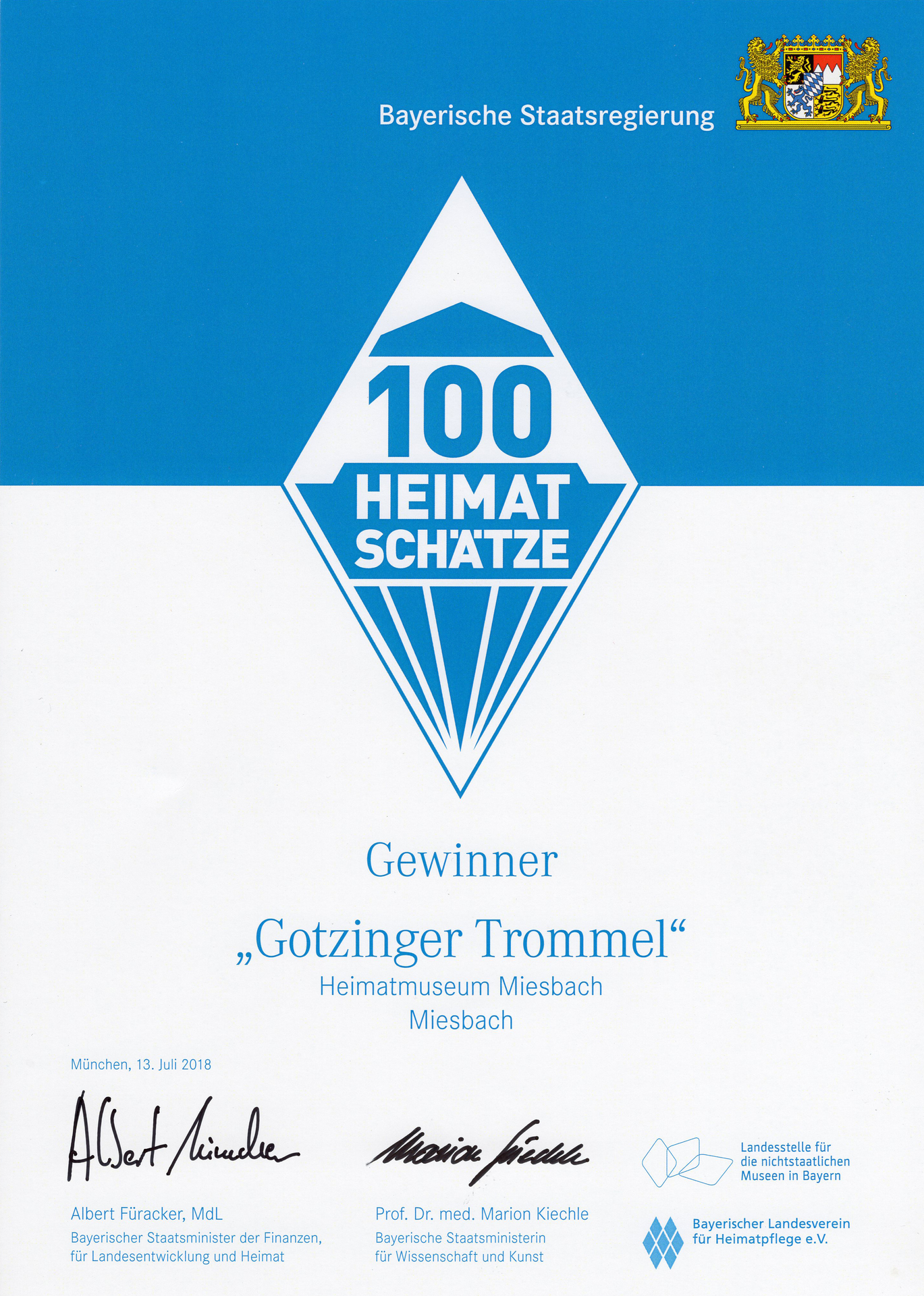 Die Gotzinger Trommel wurde 2018 in einem Wettbewerb des bayerischen Finanz- und Heimatministeriums sowie des Wissenschafts- und Kunstministeriums, ausgelost unter den nichtstaatlichen Museen Bayerns, in die Reihe der 100 bedeutendsten Heimatschätze Bayerns aufgenommen.