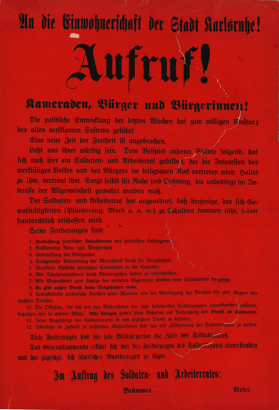Bekanntmachung des Arbeiter- und Soldatenrates Karlsruhe aus dem Jahr 1918