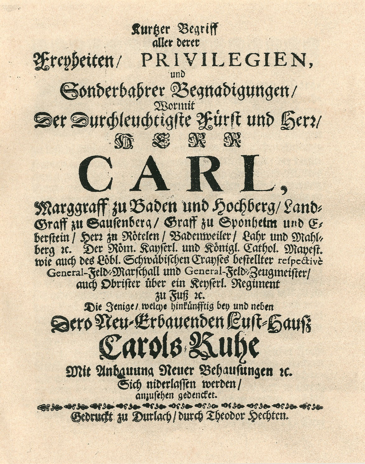 Nachdruck des Karlsruher Privilegienbriefs von 1715