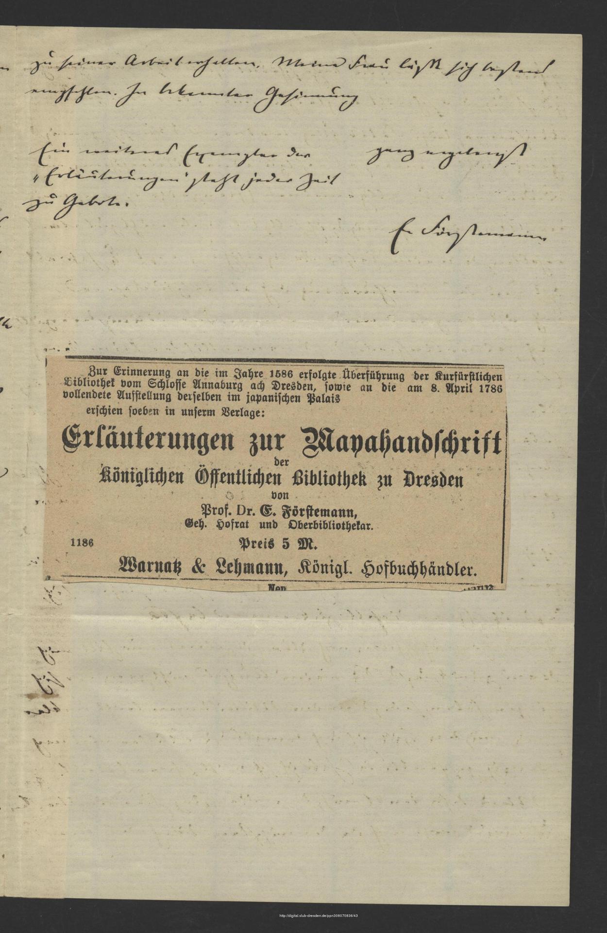 Brief Förstemann an Schellhas vom 9. April 1886