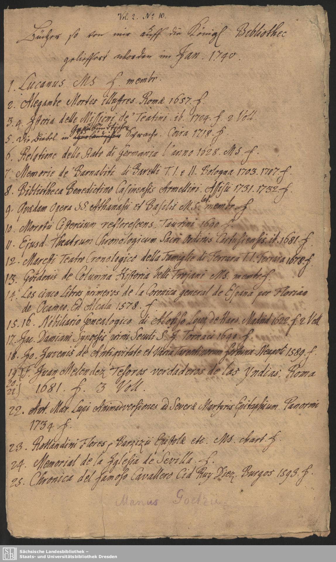 Johann Christian Götze, Bücher, so von mir auf die K. Bibliothec gelieffert worden im Jan. 1740