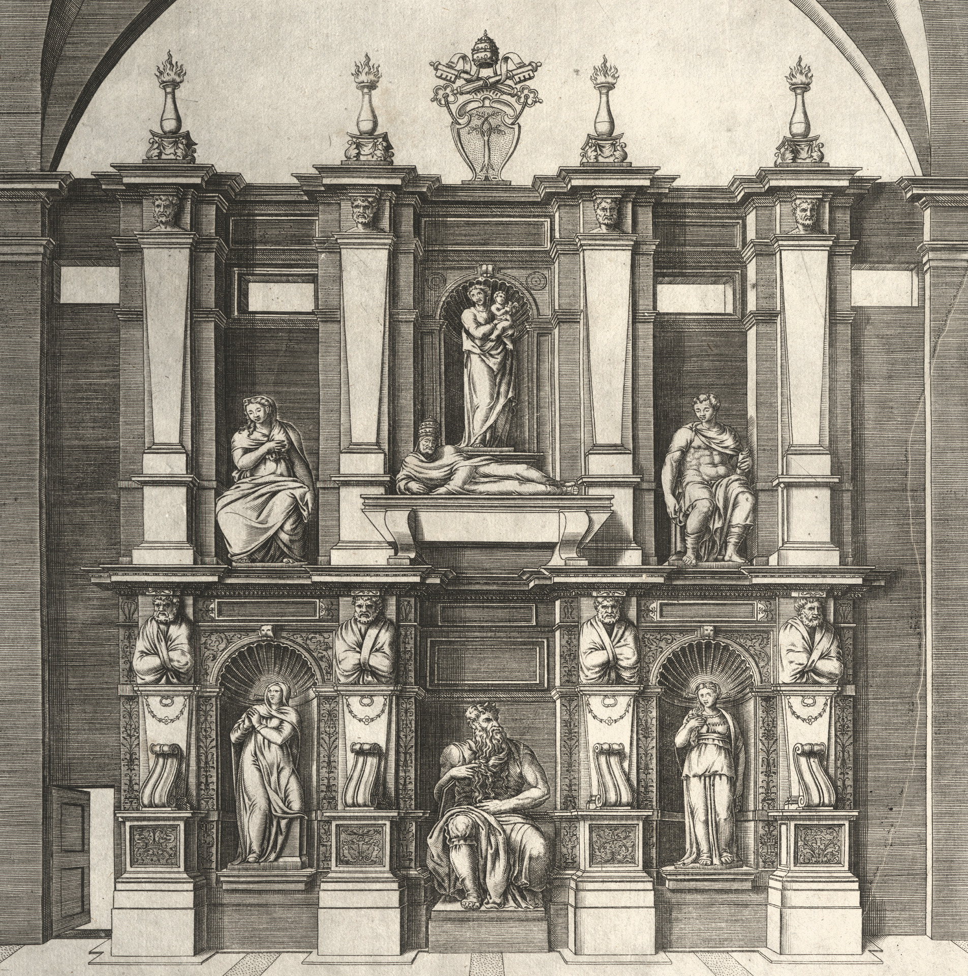 Antonio Salamanca, Das Grabmal des Papstes Julius II. della Rovere in der Kirche S. Pietro in Vincoli in Rom (nach Michelangelo), 1554,beschn.png