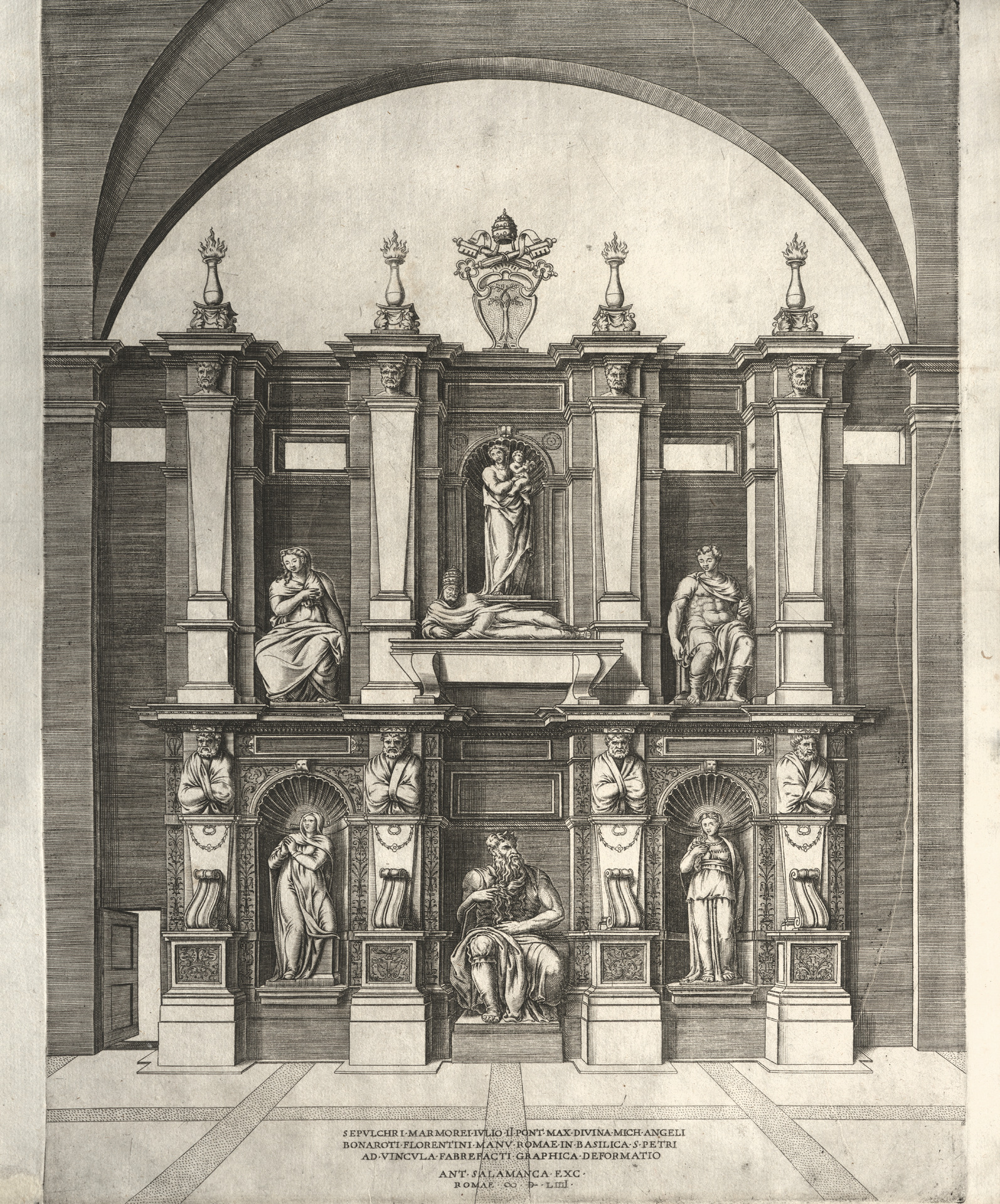Antonio Salamanca, Das Grabmal des Papstes Julius II. della Rovere in der Kirche S. Pietro in Vincoli in Rom (nach Michelangelo), 1554, Kupferstich.png
