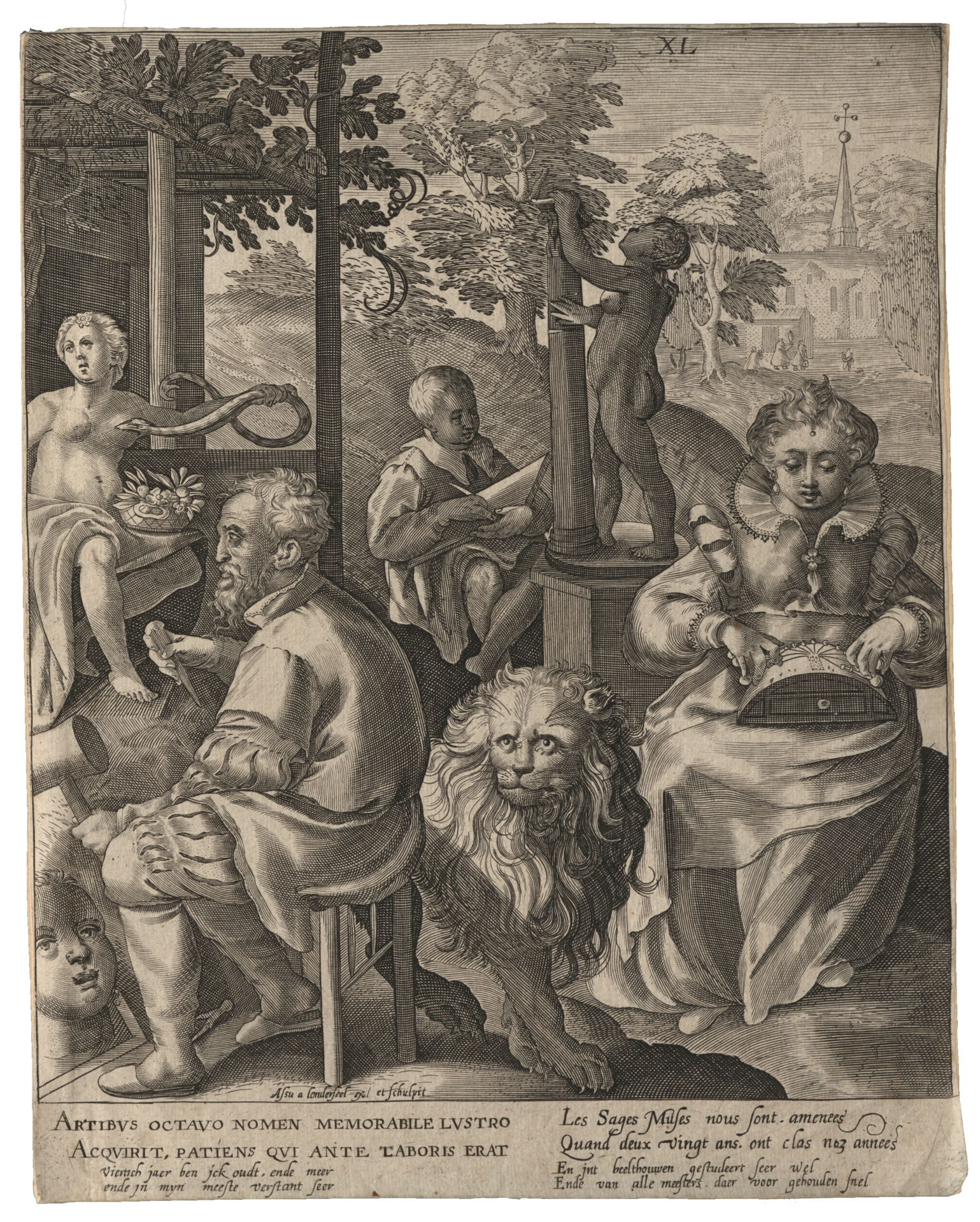 Nicolaes de Bruyn nach den Entwürfen von Marten de Vos,Michelangelo bei der Arbeit.png