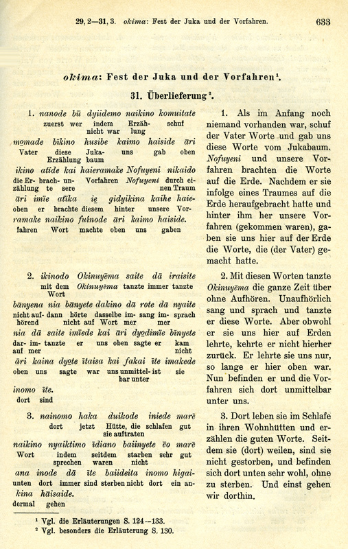 Text zu Okima: Fest der Juka und der Vorfahren<br />
Uitoto-Text mit Interlinear-Übersetzung und literarischer Übersetzung ins Deutsche