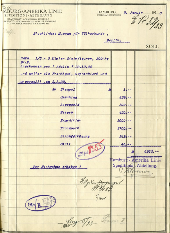 Transportkosten-Abrechnung für Steinskulpturen vom 8. Januar 1923
