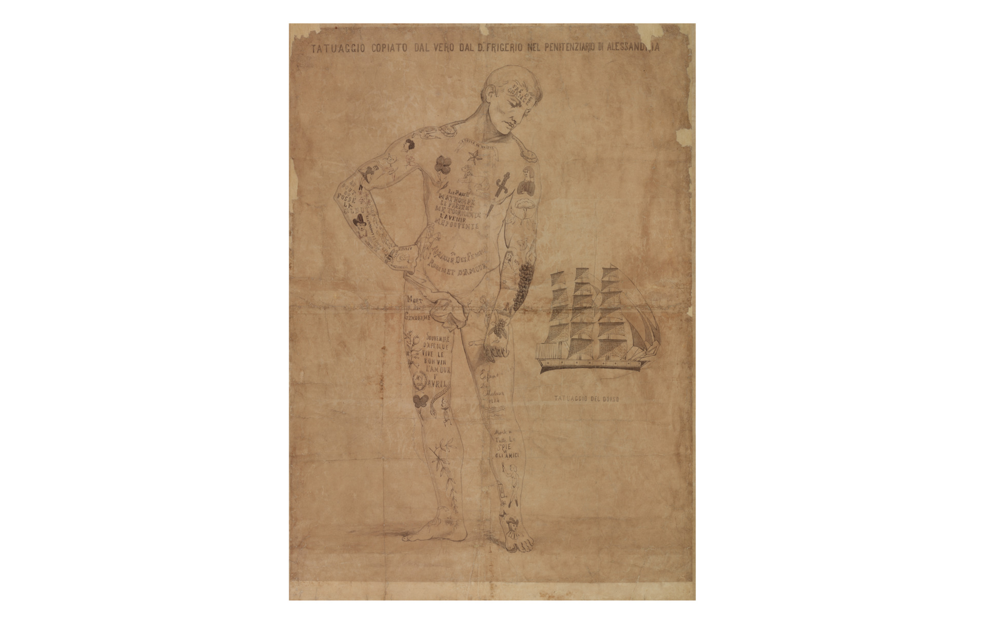 Tattoo Drawing from Alessandria in the “Cesare Lombroso” Museum of Criminal Anthropology. Tattoo Drawing from Alessandria in the “Cesare Lombroso” Museum of Criminal Anthropology.
