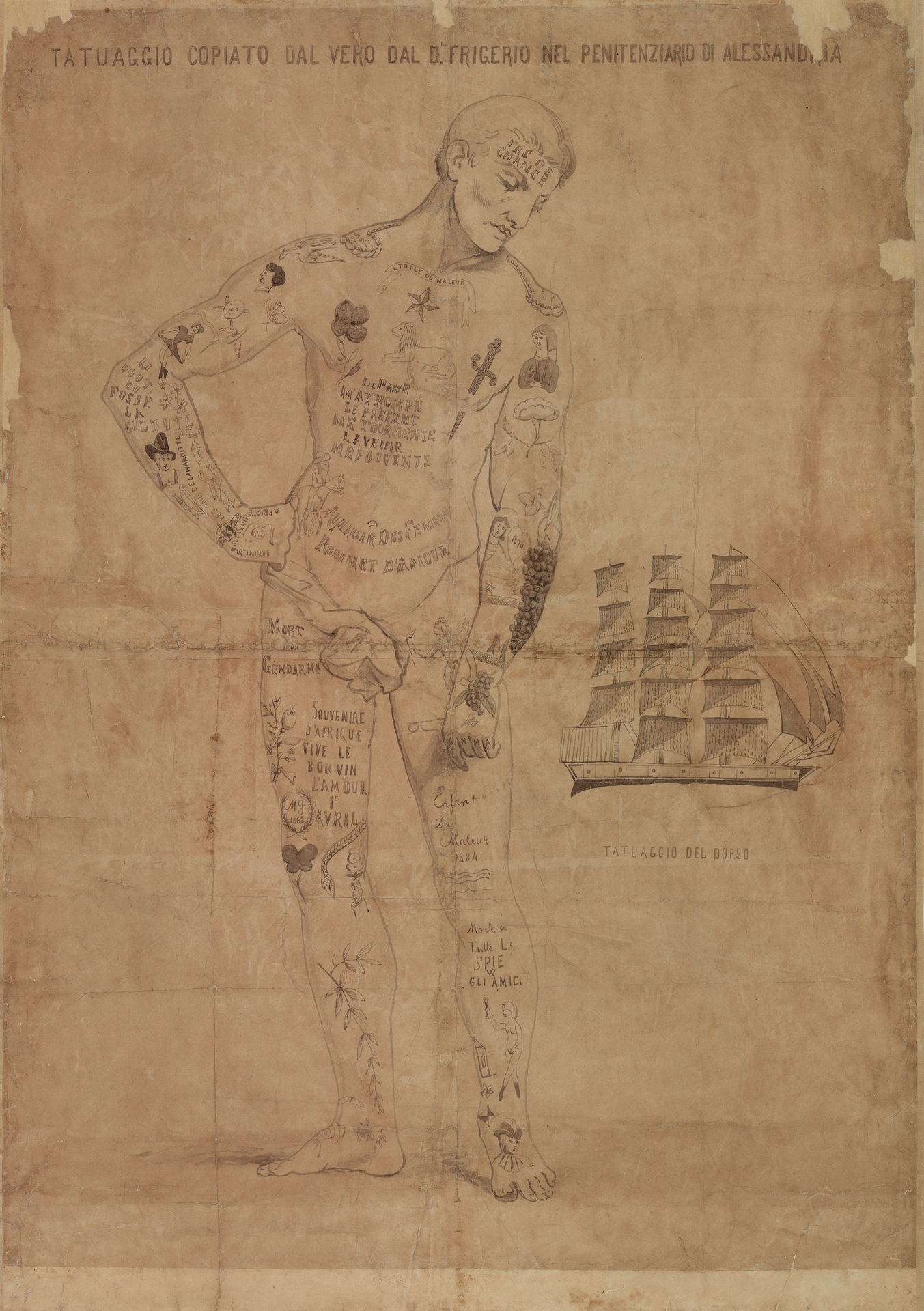 Tattoo Drawing from Alessandria in the “Cesare Lombroso” Museum of Criminal Anthropology. Tattoo Drawing from Alessandria in the “Cesare Lombroso” Museum of Criminal Anthropology.